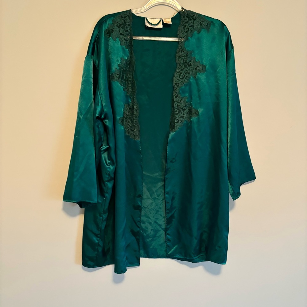 Vintage Victoria's Secret Robe Green Lace Silky Satin Gold Label - Tie Missing